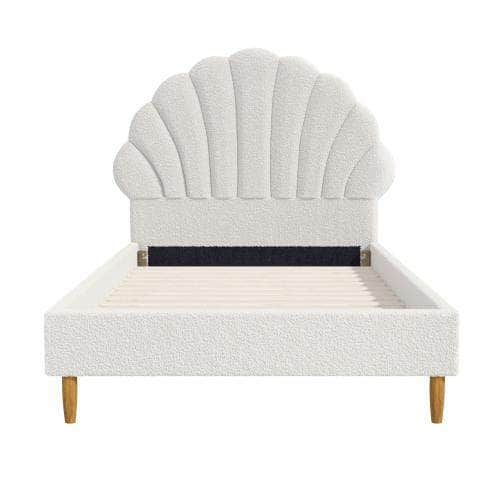 Bed Frame Single Size Scallop-Shape Bedhead White Boucle