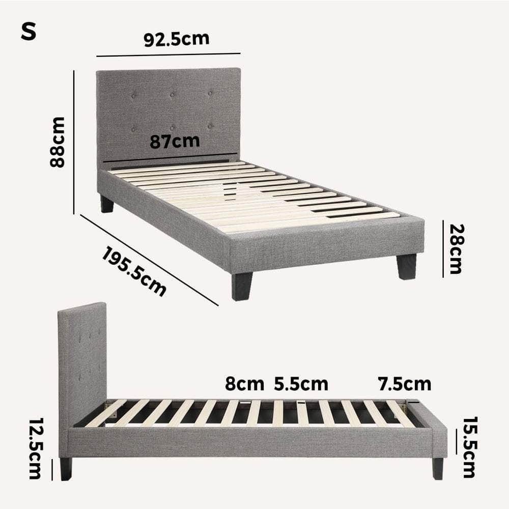 Bed Frame Single Size Wooden Fabric Grey