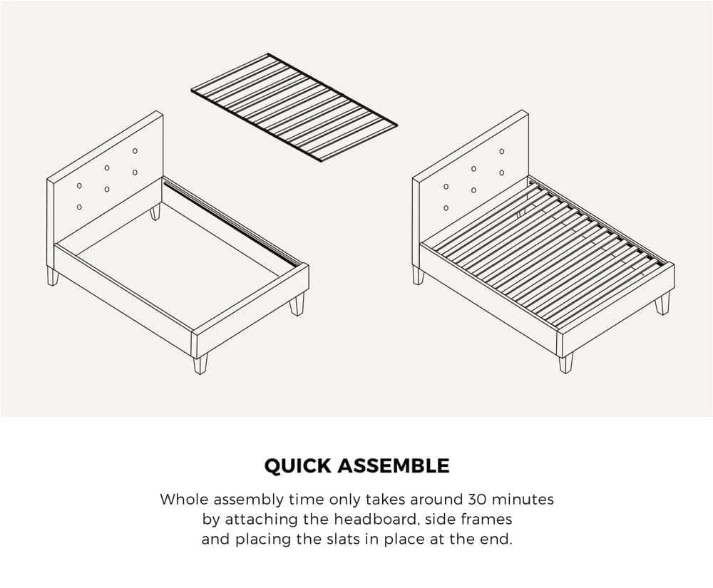 Bed Frame Single Size Wooden Fabric Grey