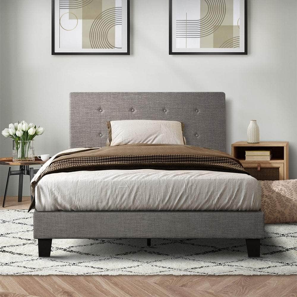 Bed Frame Single Size Wooden Fabric Grey