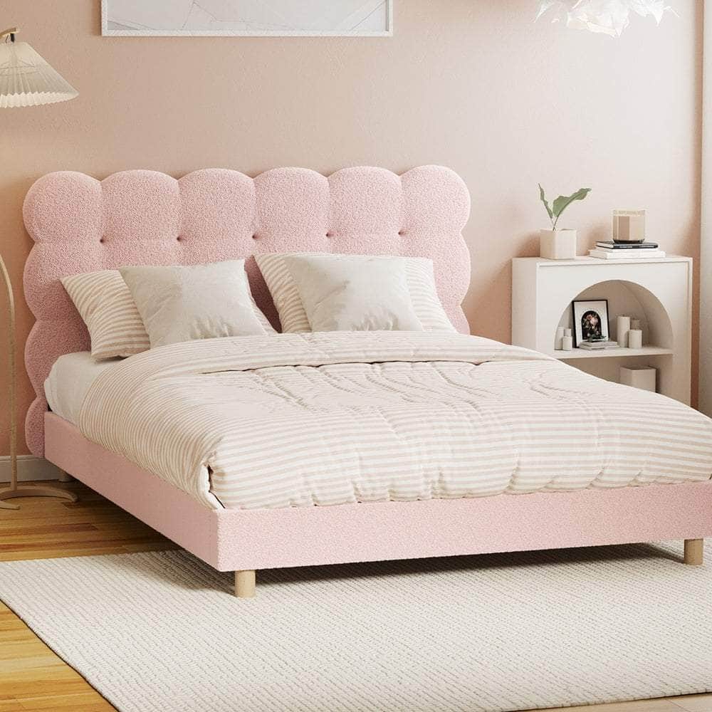Bed Frame Tufted Bedhead Boucle Fabric Pink