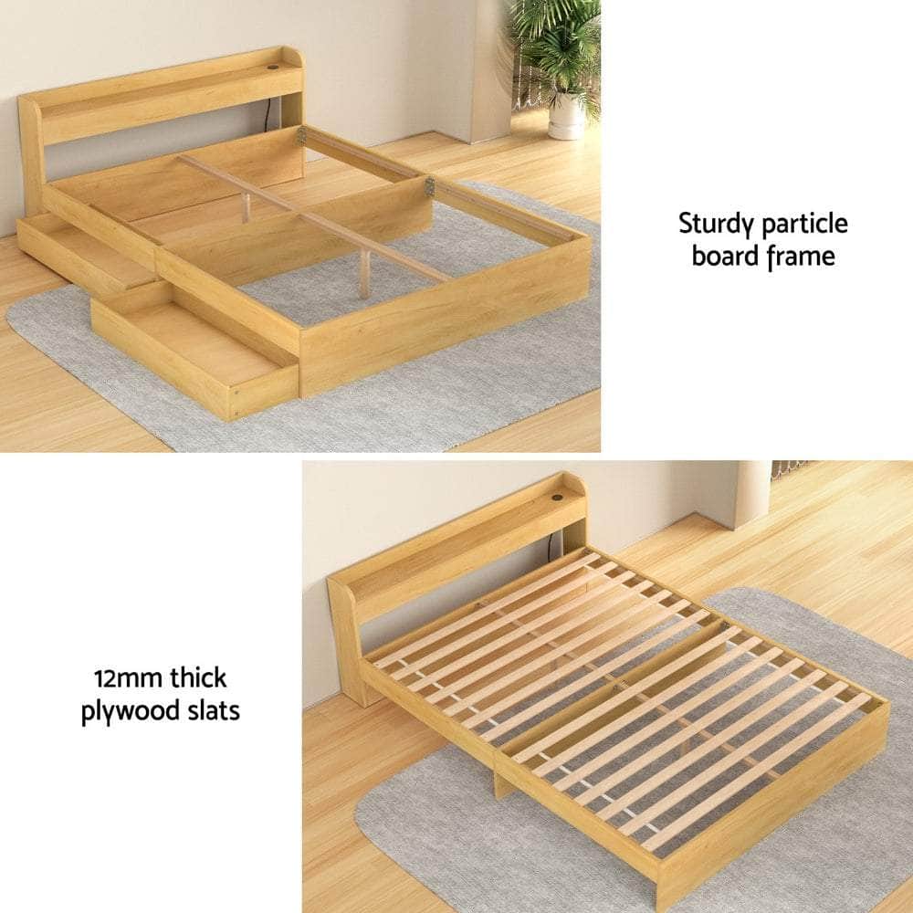 Bed Frame with Charging Ports and 2 Drawers