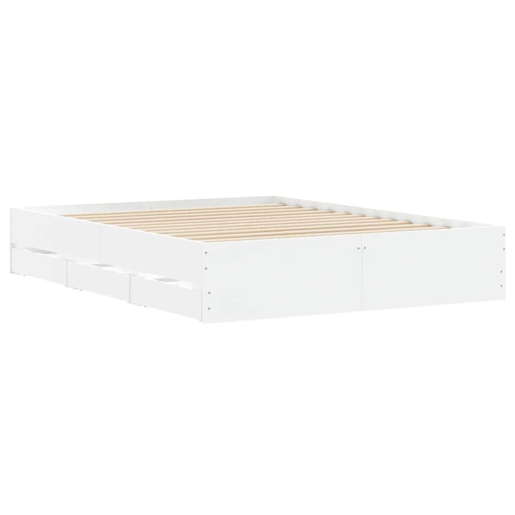 Bed Frame with Drawers-White Engineered Wood