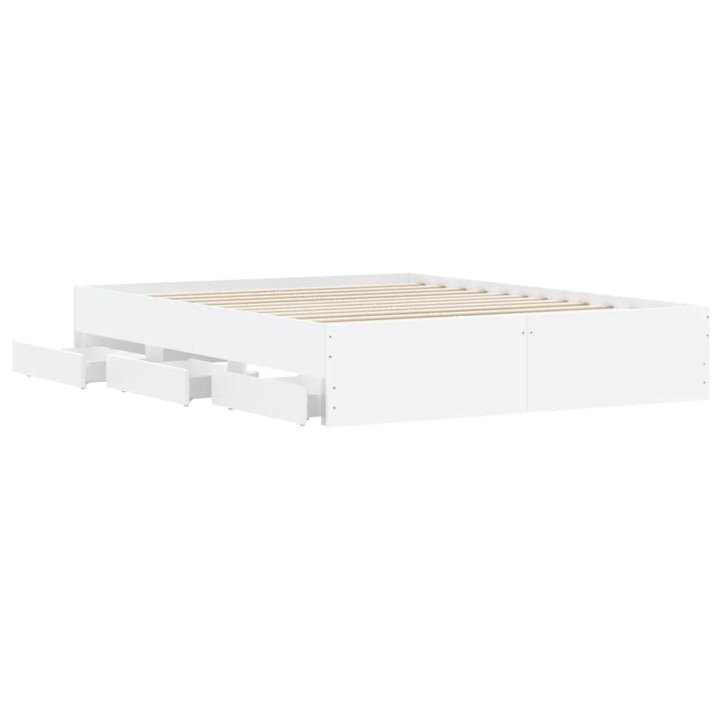 Bed Frame with Drawers-White Engineered Wood