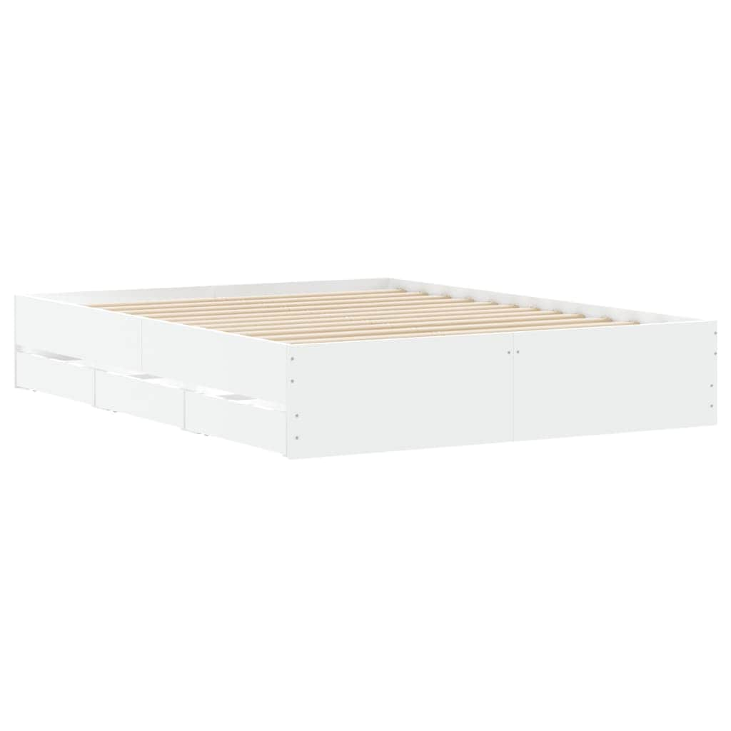 Bed Frame with Drawers-White Engineered Wood