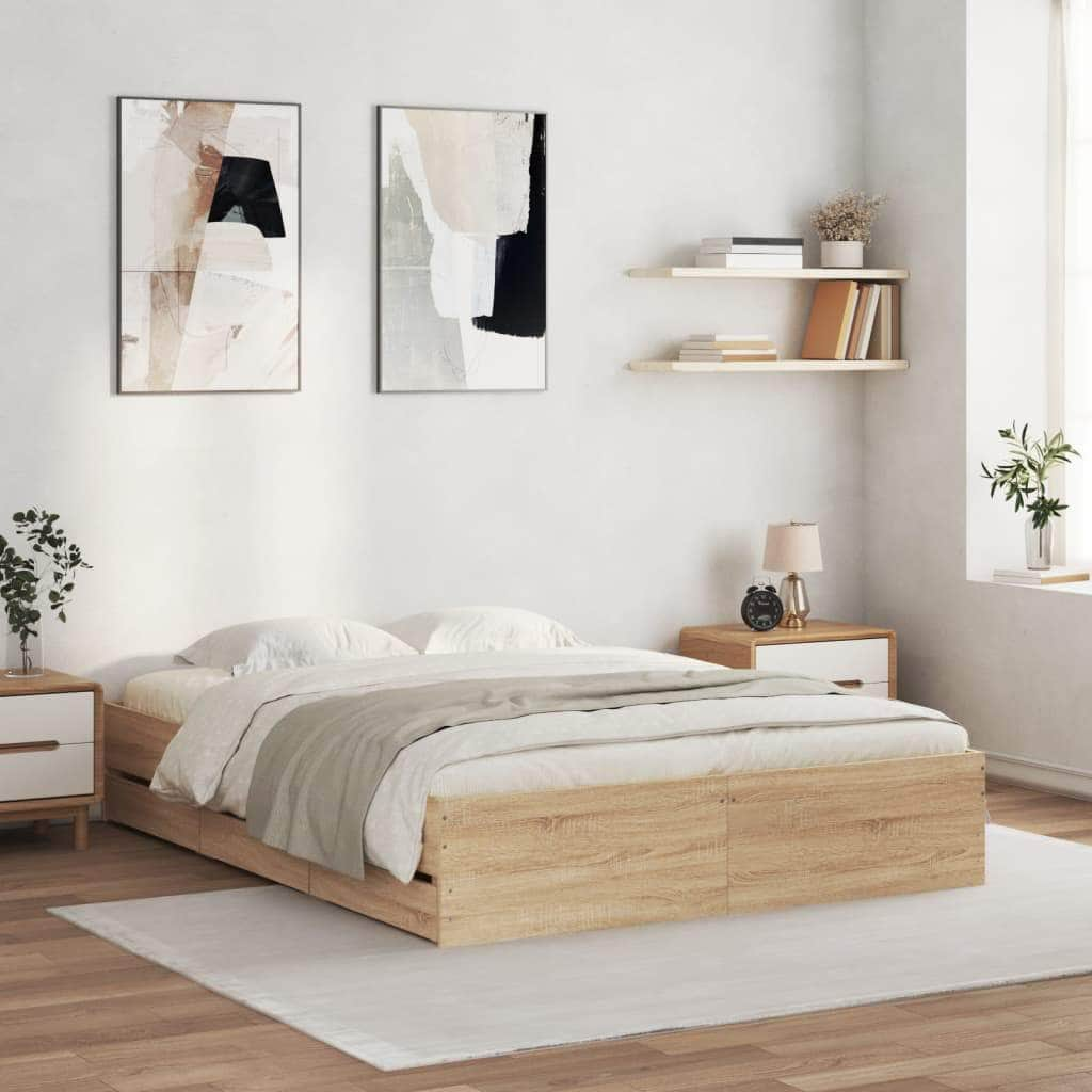 Bed Frame with Drawers-White Engineered Wood