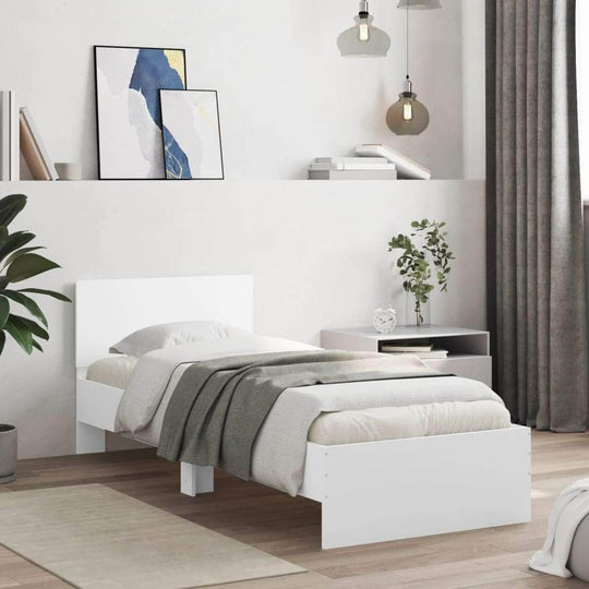 Bed Frame with Headboard and LED Lights-White with White colour