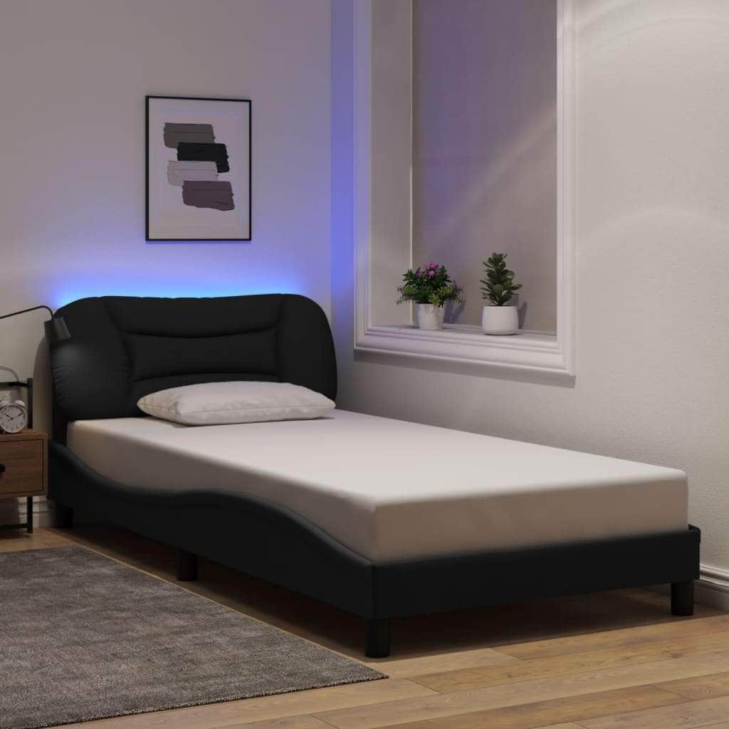 Bed Frame with LED Light Black-Fabric King Single