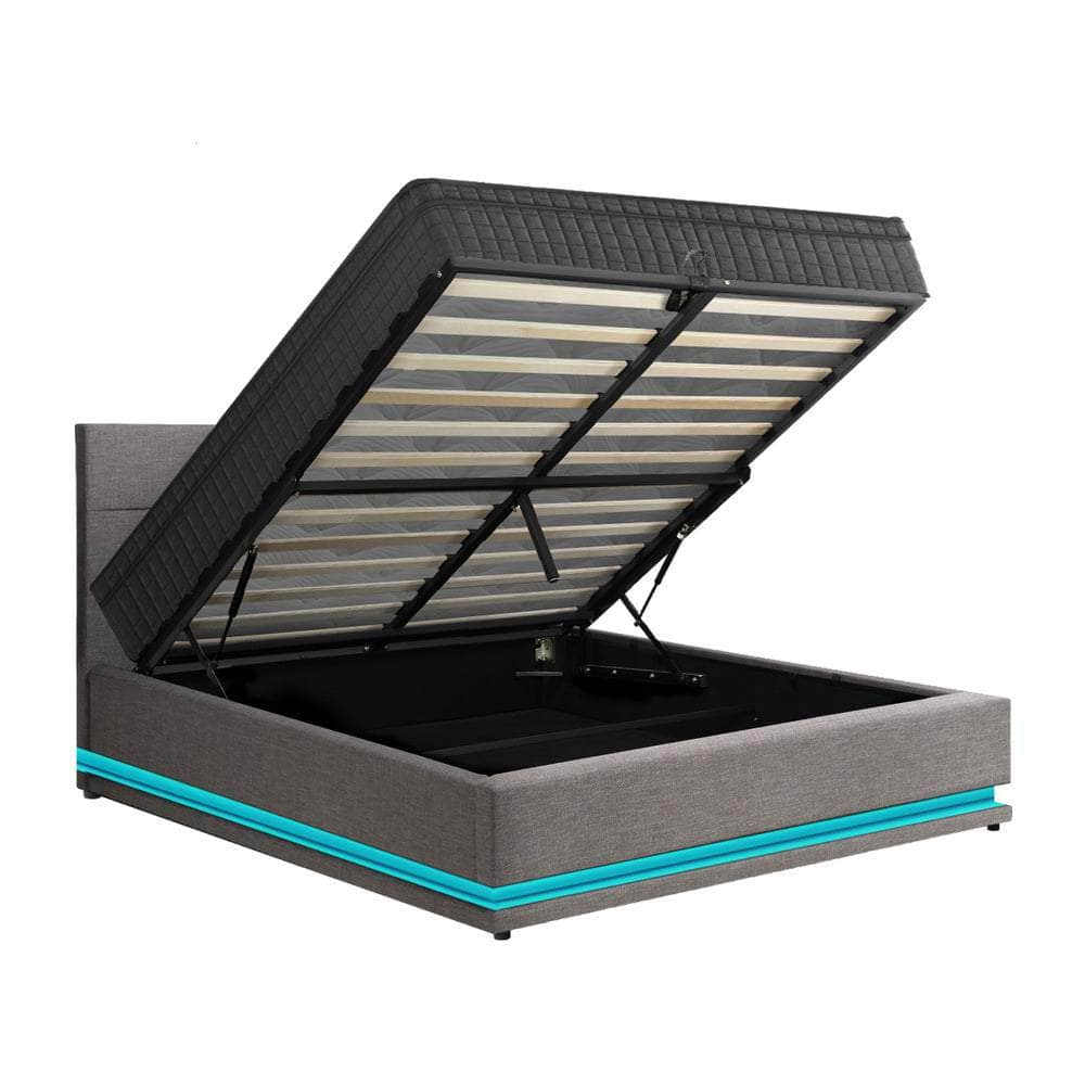 Bed Frame with Mattress Double Size LED Gas Lift Black & Grey LAYZ
