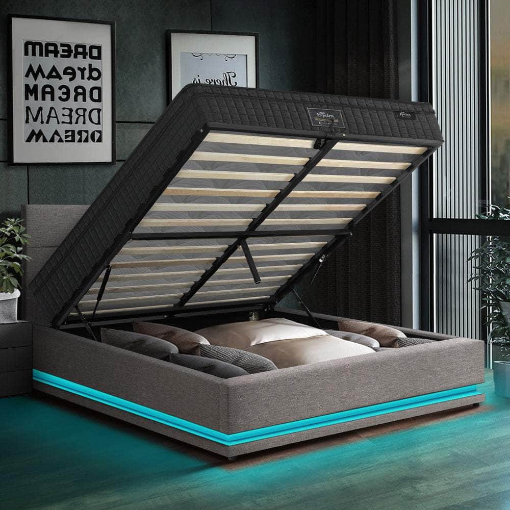 Bed Frame with Mattress Double Size LED Gas Lift Black & Grey LAYZ
