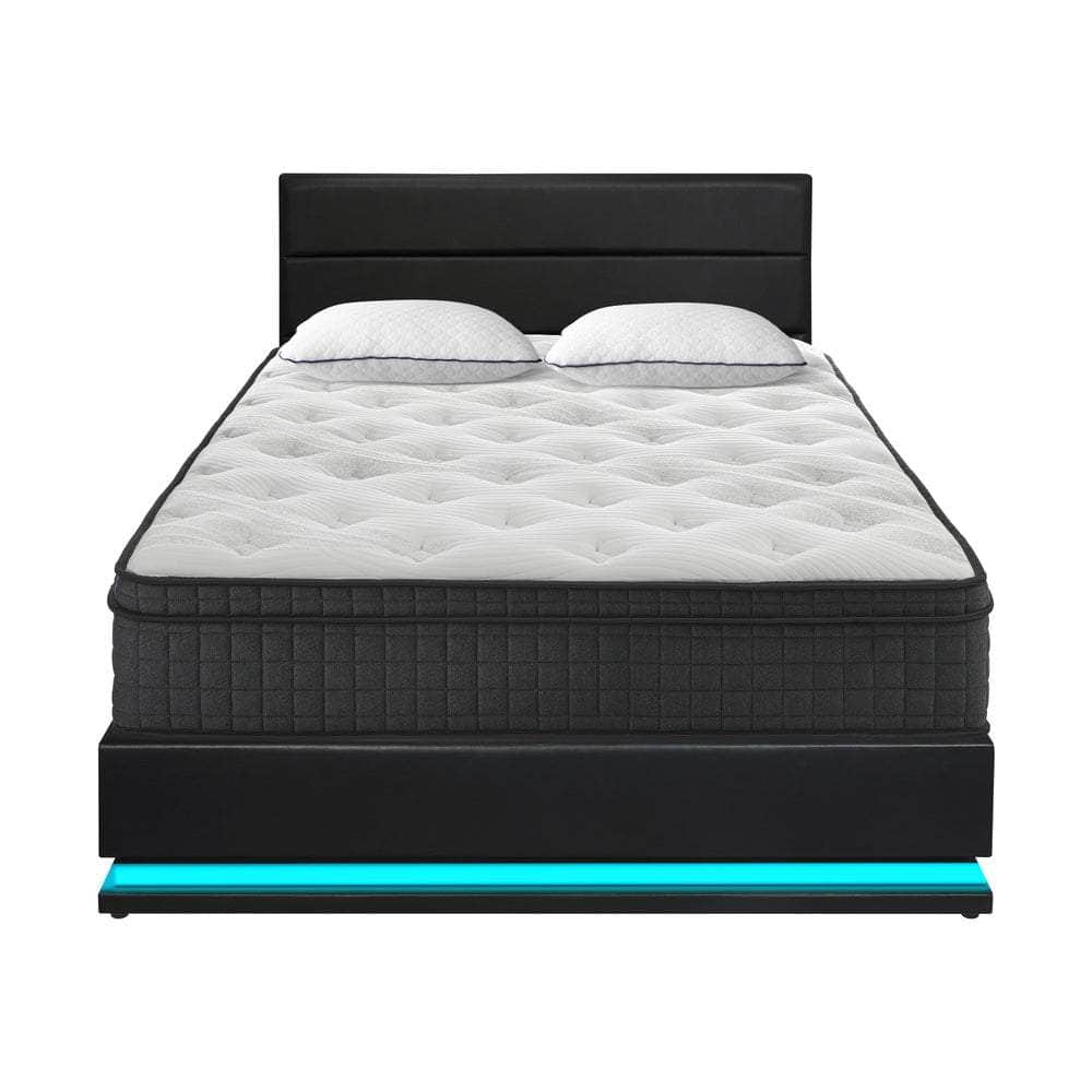 Bed Frame with Mattress King & Queen Size LED Gas Lift Black LAYZ
