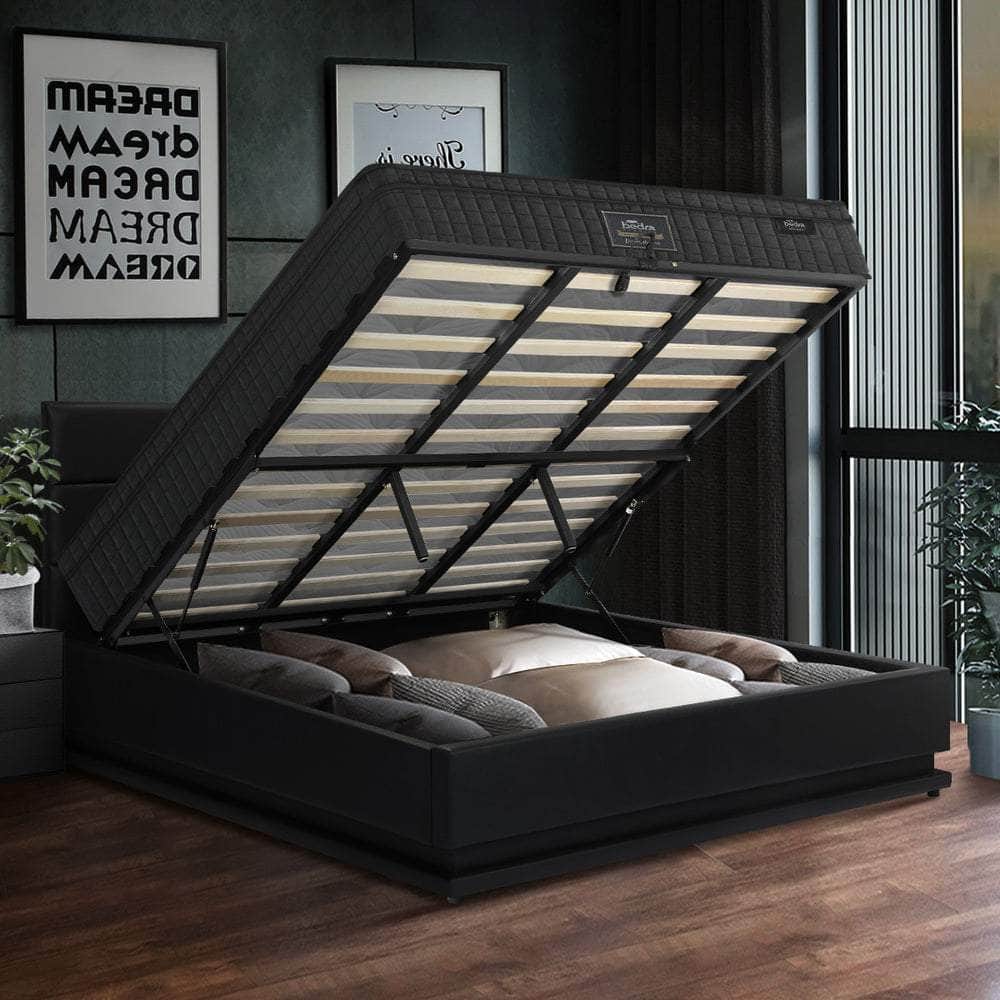 Bed Frame with Mattress King & Queen Size LED Gas Lift Black LAYZ