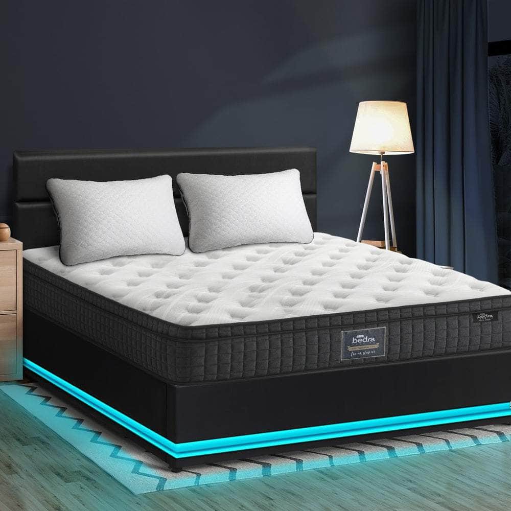 Bed Frame with Mattress King & Queen Size LED Gas Lift Black LAYZ