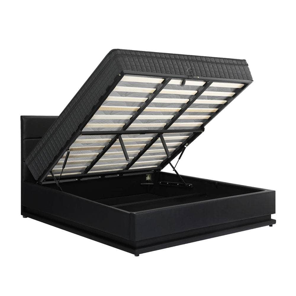 Bed Frame with Mattress King & Queen Size LED Gas Lift Black LAYZ