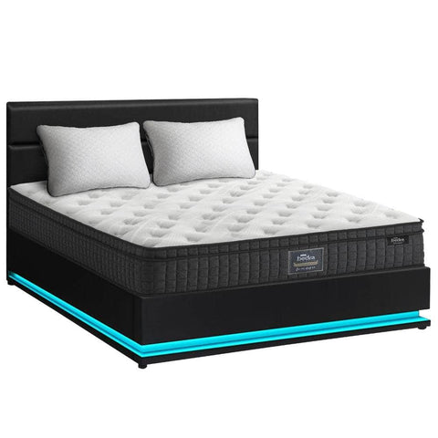 Bed Frame with Mattress King & Queen Size LED Gas Lift Black LAYZ