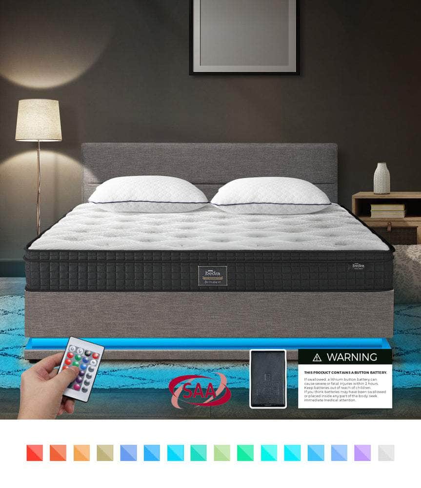 Bed Frame with Mattress Queen Size LED Gas Lift Grey