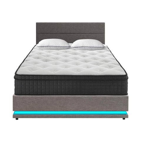 Bed Frame with Mattress Queen Size LED Gas Lift Grey
