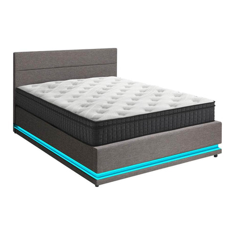 Bed Frame with Mattress Queen Size LED Gas Lift Grey