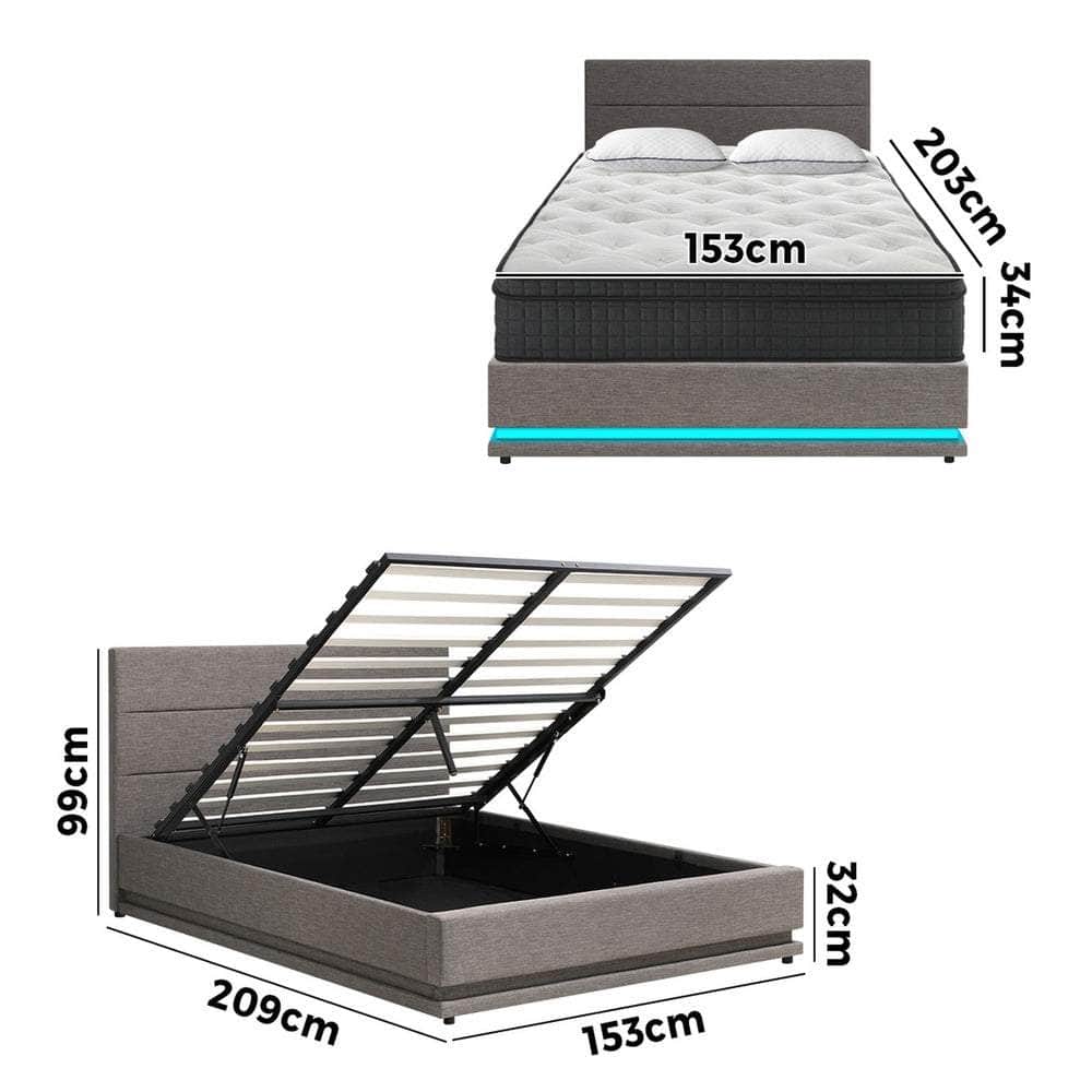 Bed Frame with Mattress Queen Size LED Gas Lift Grey