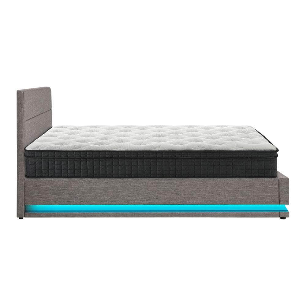 Bed Frame with Mattress Queen Size LED Gas Lift Grey