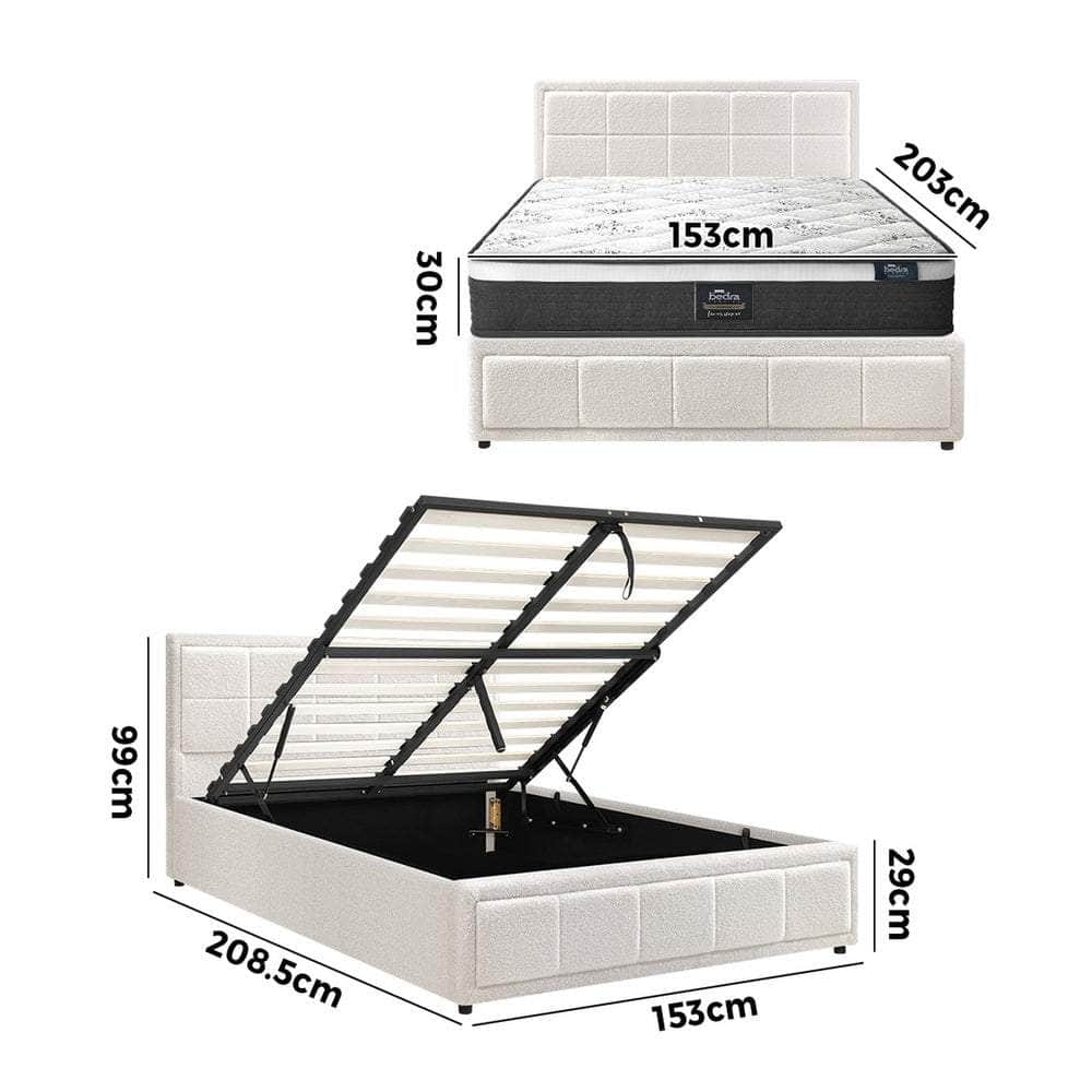 Bed Frame With Mattress Set Queen Size Gas Lift White BOSS