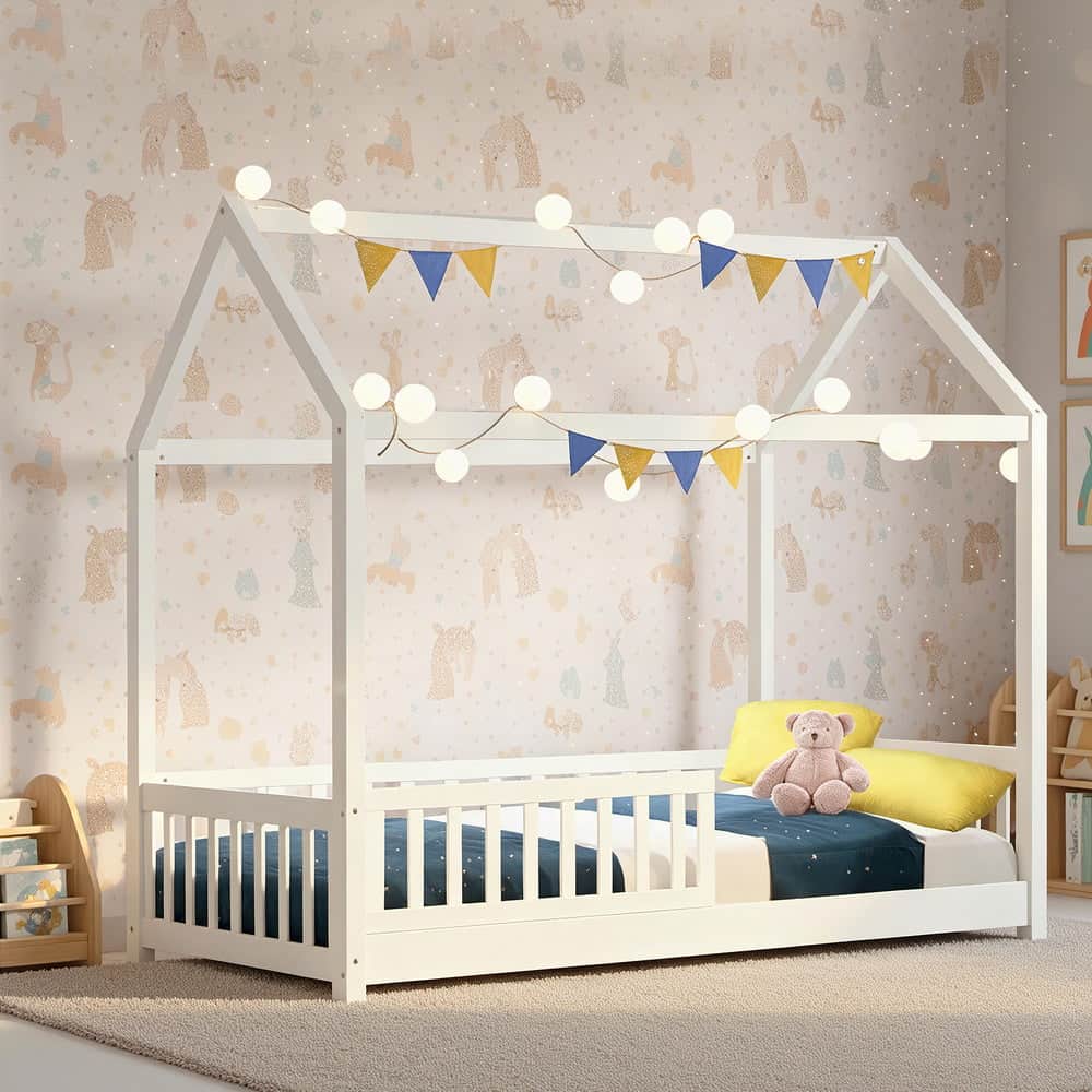 Bed Frame Wooden Kids House Frame White Rock