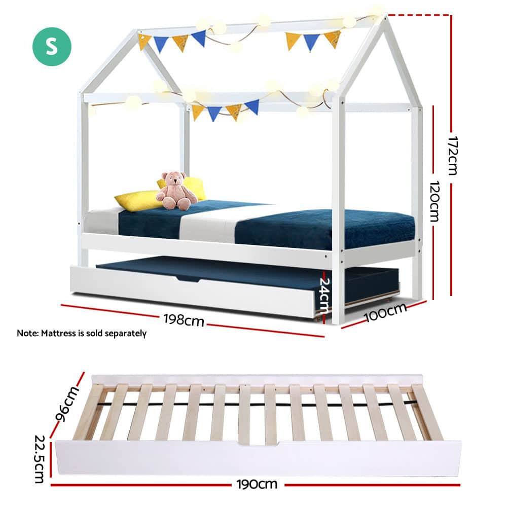 Bed Frame Wooden Trundle Daybed Kids House Frame White Holy