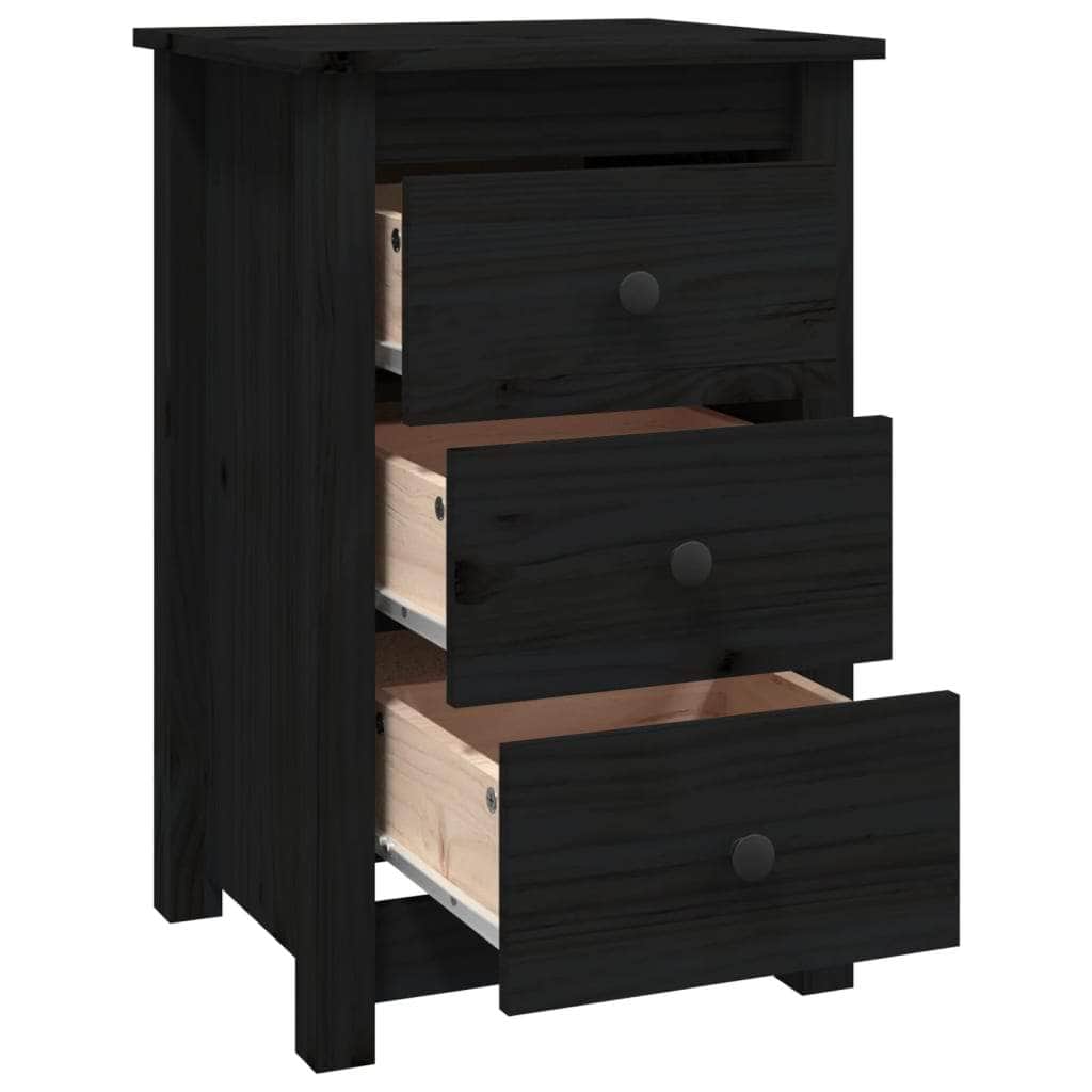 Bedside Cabinet Black Solid Wood Pine