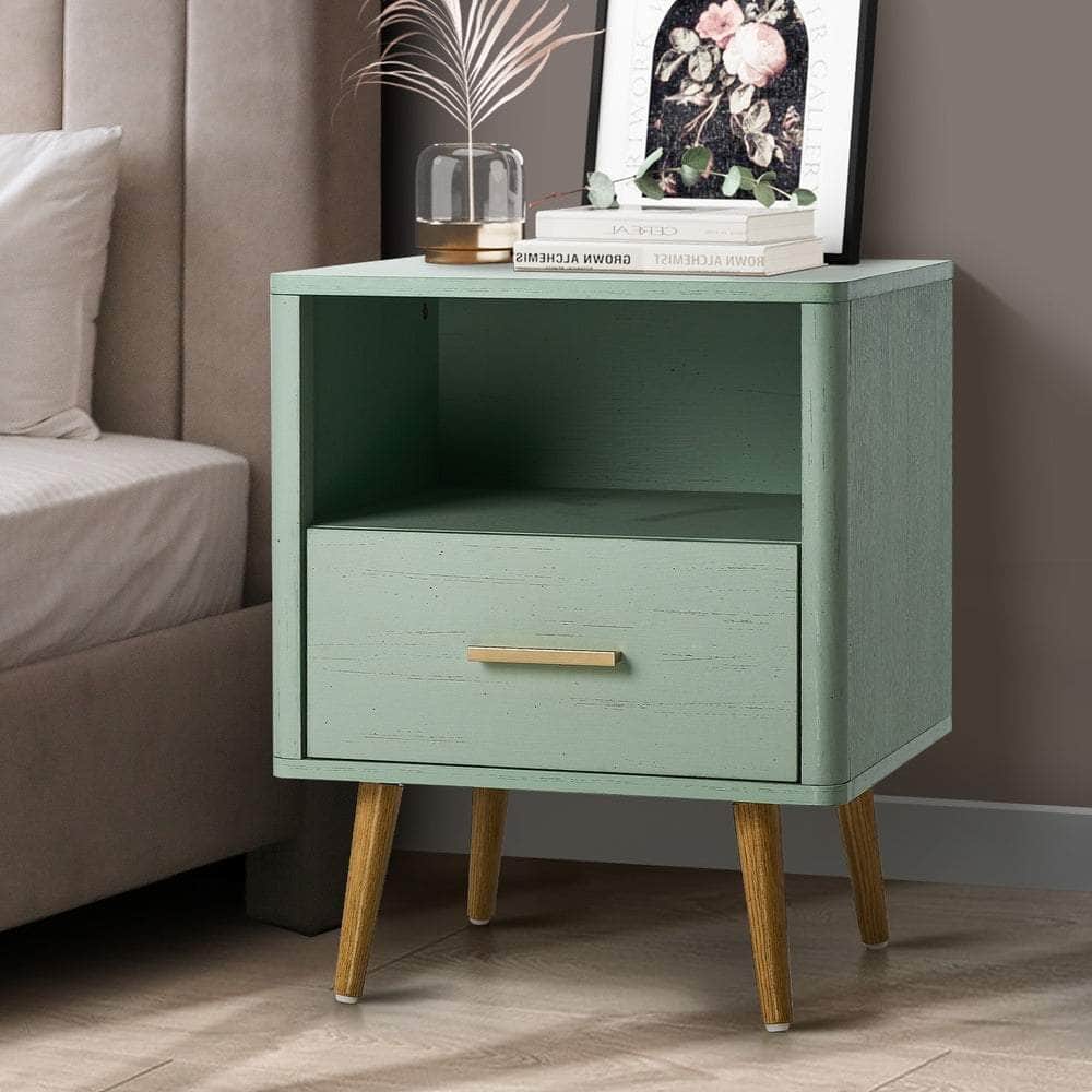 Bedside Table 1 Drawer Open Shelf Nightstand Green