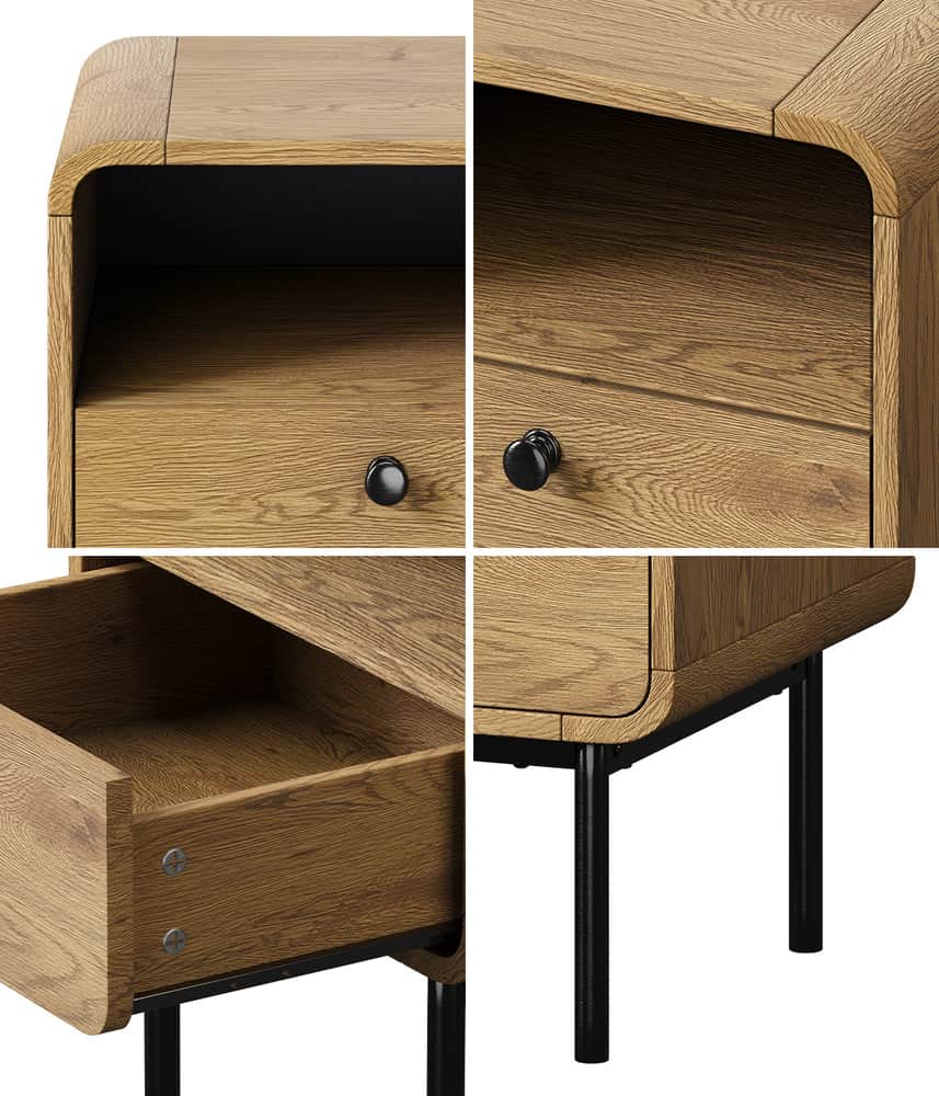 Bedside Table 1 or 2 Drawers Bedroom Nightstand Wood Grain Metal Natural