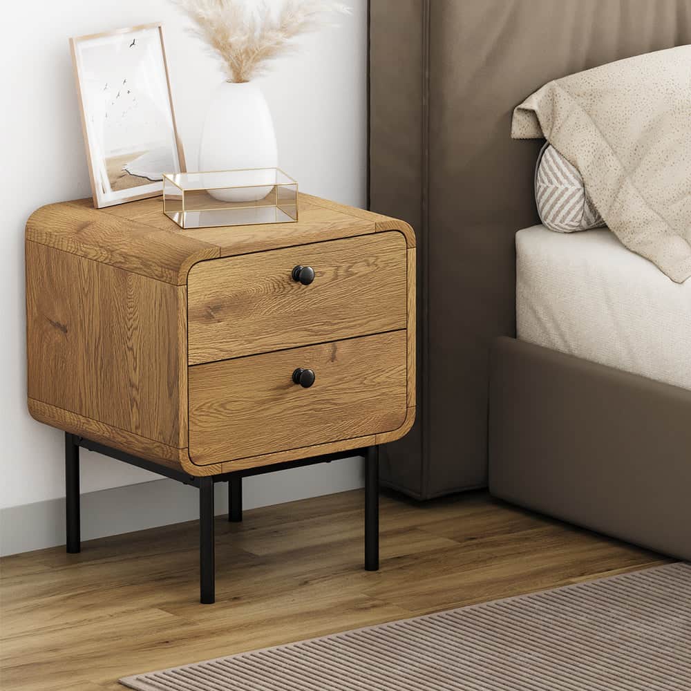 Bedside Table 1 or 2 Drawers Bedroom Nightstand Wood Grain Metal Natural