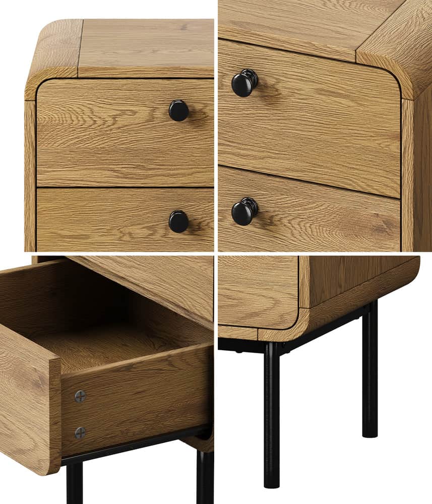 Bedside Table 1 or 2 Drawers Bedroom Nightstand Wood Grain Metal Natural