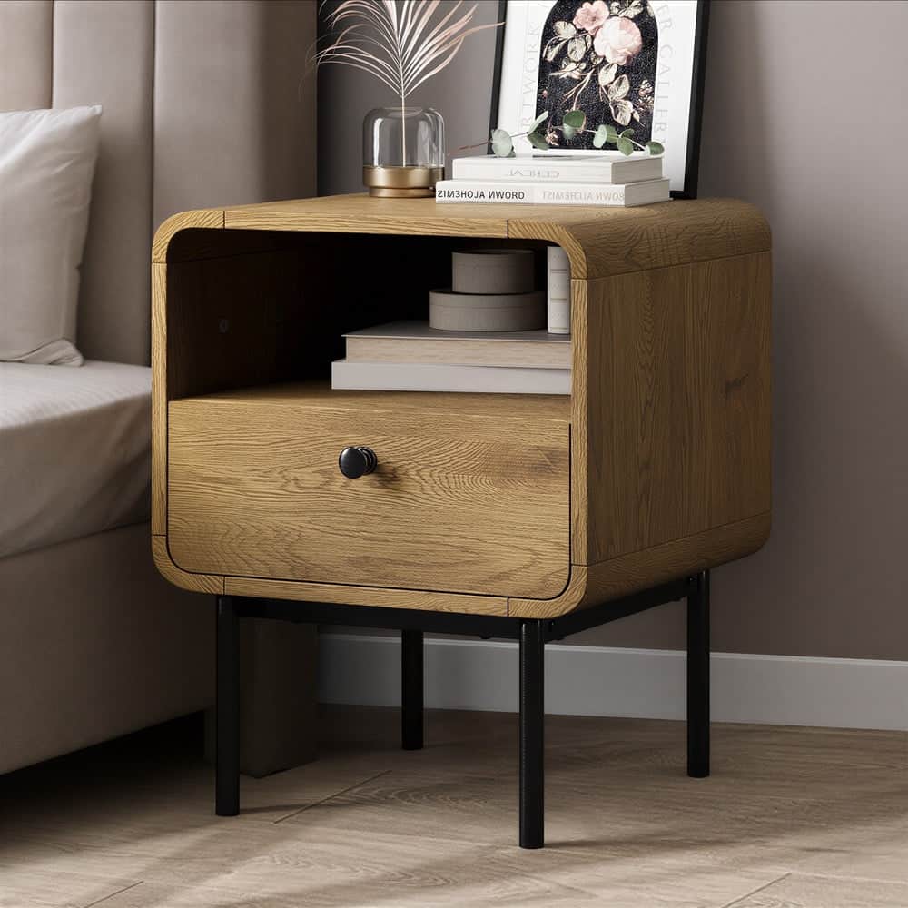 Bedside Table 1 or 2 Drawers Bedroom Nightstand Wood Grain Metal Natural