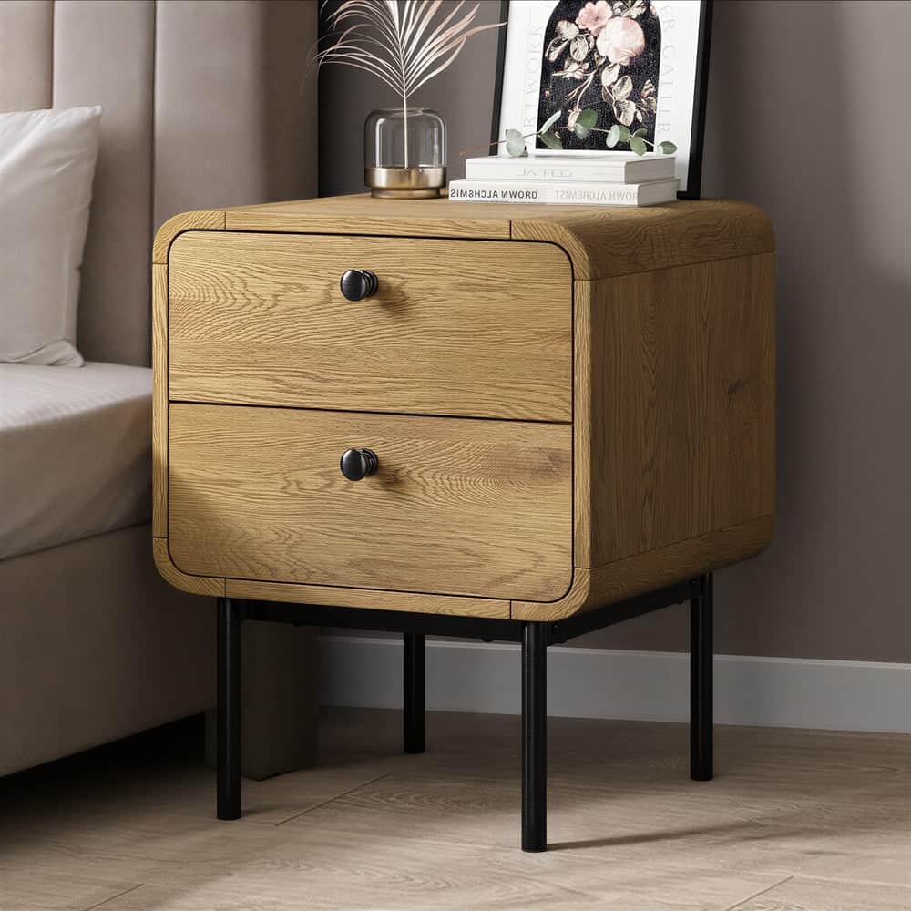 Bedside Table 1 or 2 Drawers Bedroom Nightstand Wood Grain Metal Natural