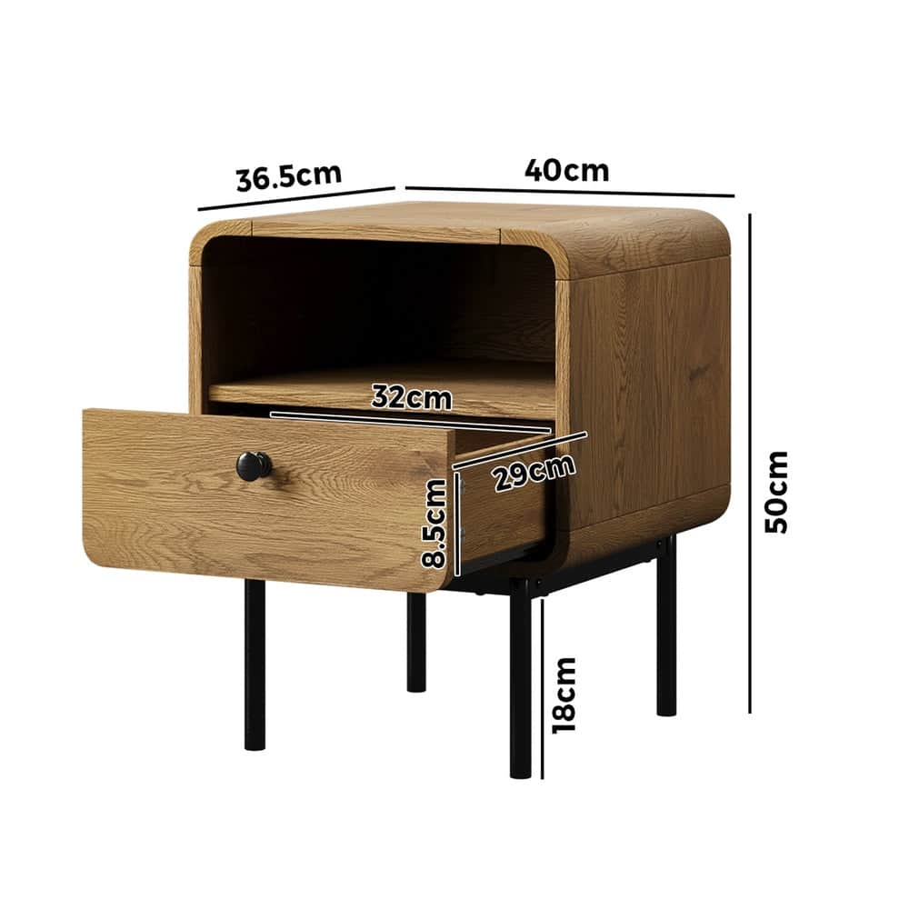 Bedside Table 1 or 2 Drawers Bedroom Nightstand Wood Grain Metal Natural