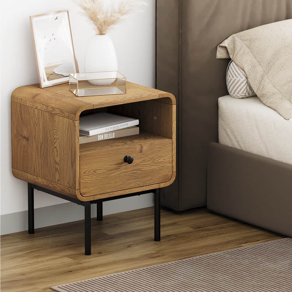 Bedside Table 1 or 2 Drawers Bedroom Nightstand Wood Grain Metal Natural