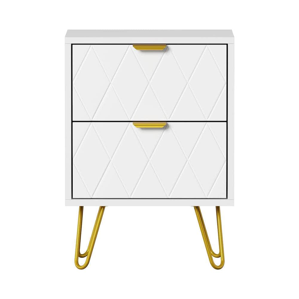 Bedside Table 2 Drawers Gold Metal Nightstand - White