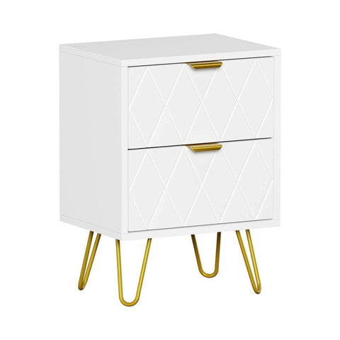 Bedside Table 2 Drawers Gold Metal Nightstand - White