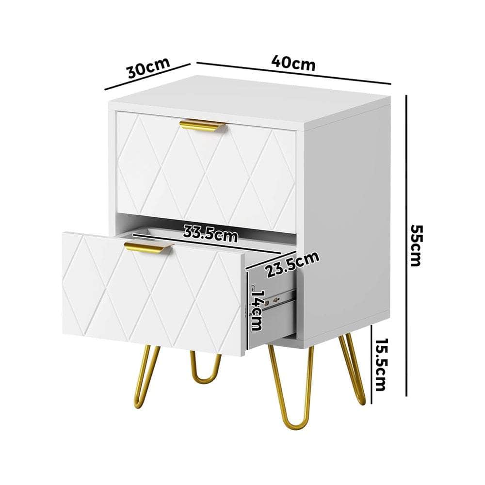 Bedside Table 2 Drawers Gold Metal Nightstand - White