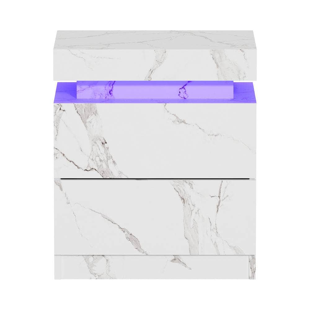 Bedside Table 2 Drawers LED Nightstand Marble Effect Black/White