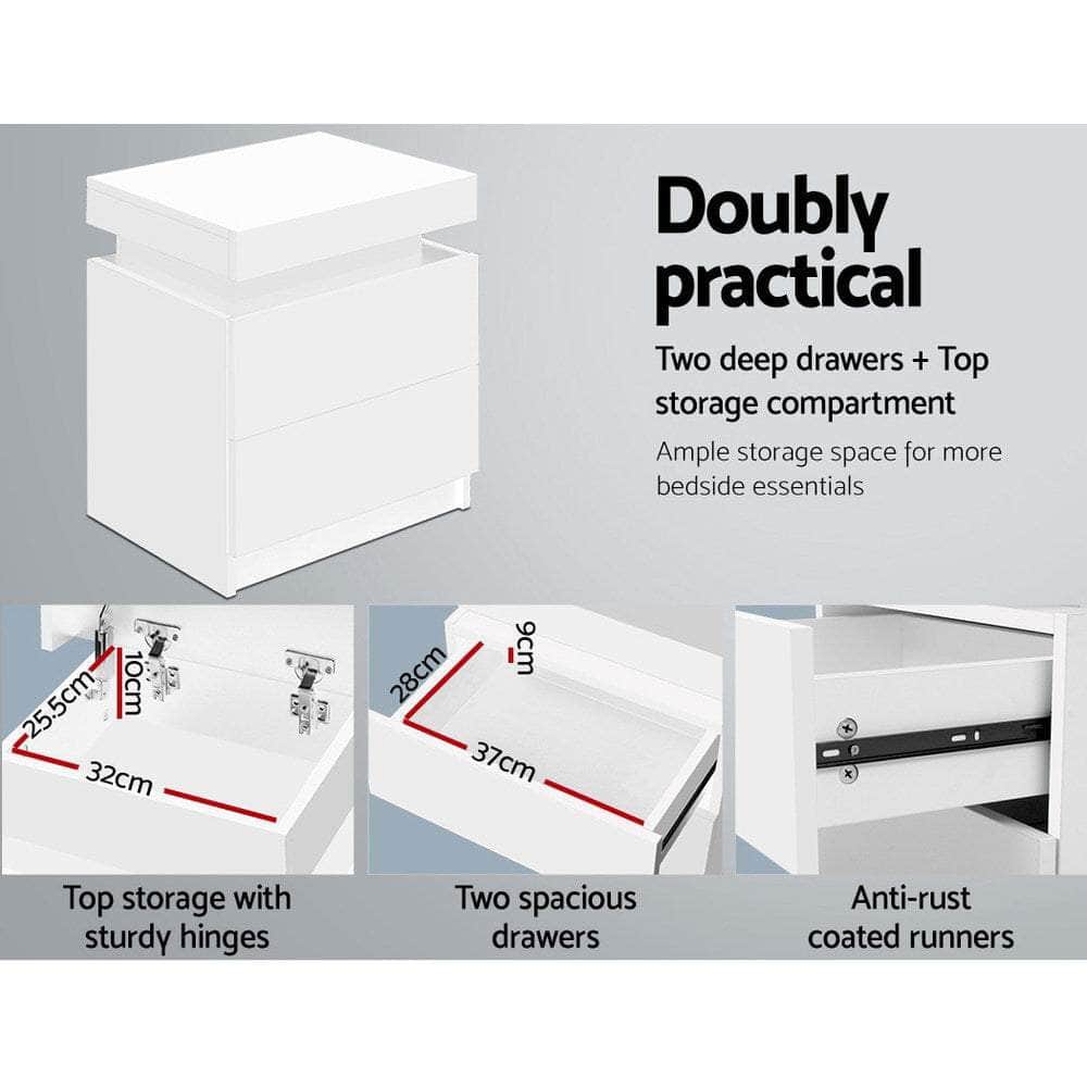 Bedside Table 2 Drawers Lift-up Storage - COLEY White