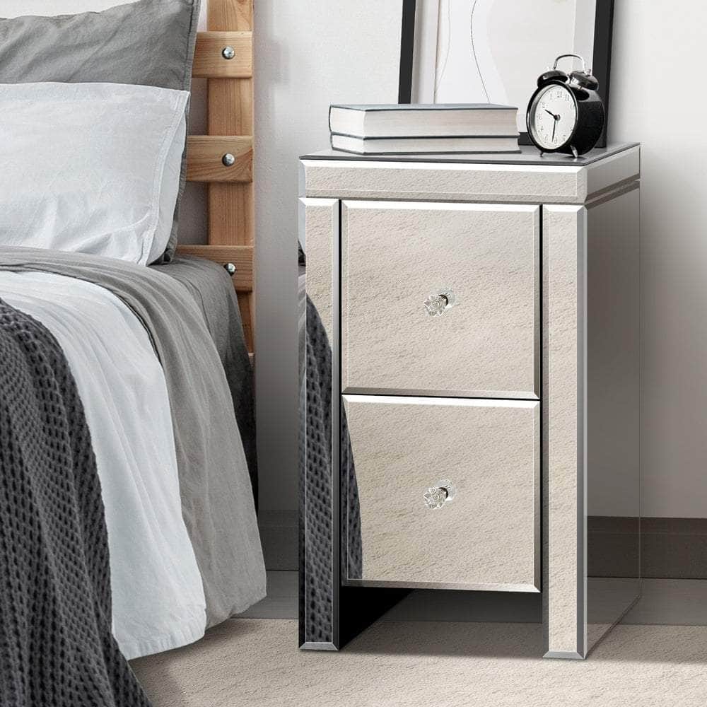 Bedside Table, 2 Drawers Mirrored Nightstand Bedroom Storage Cabiner End Table