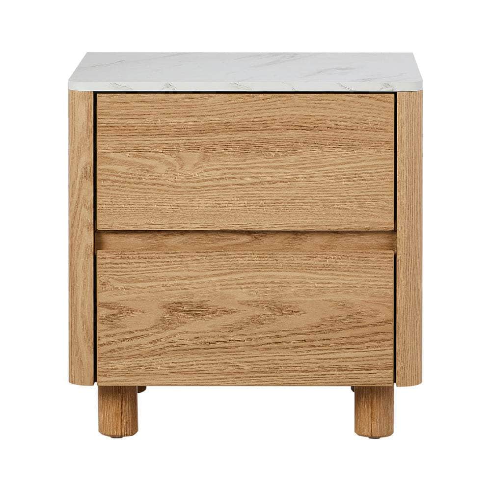 Bedside Table 2 Drawers Nightstand  Marble Top Natural