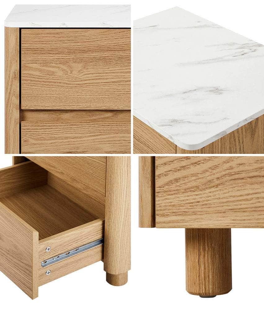 Bedside Table 2 Drawers Nightstand  Marble Top Natural