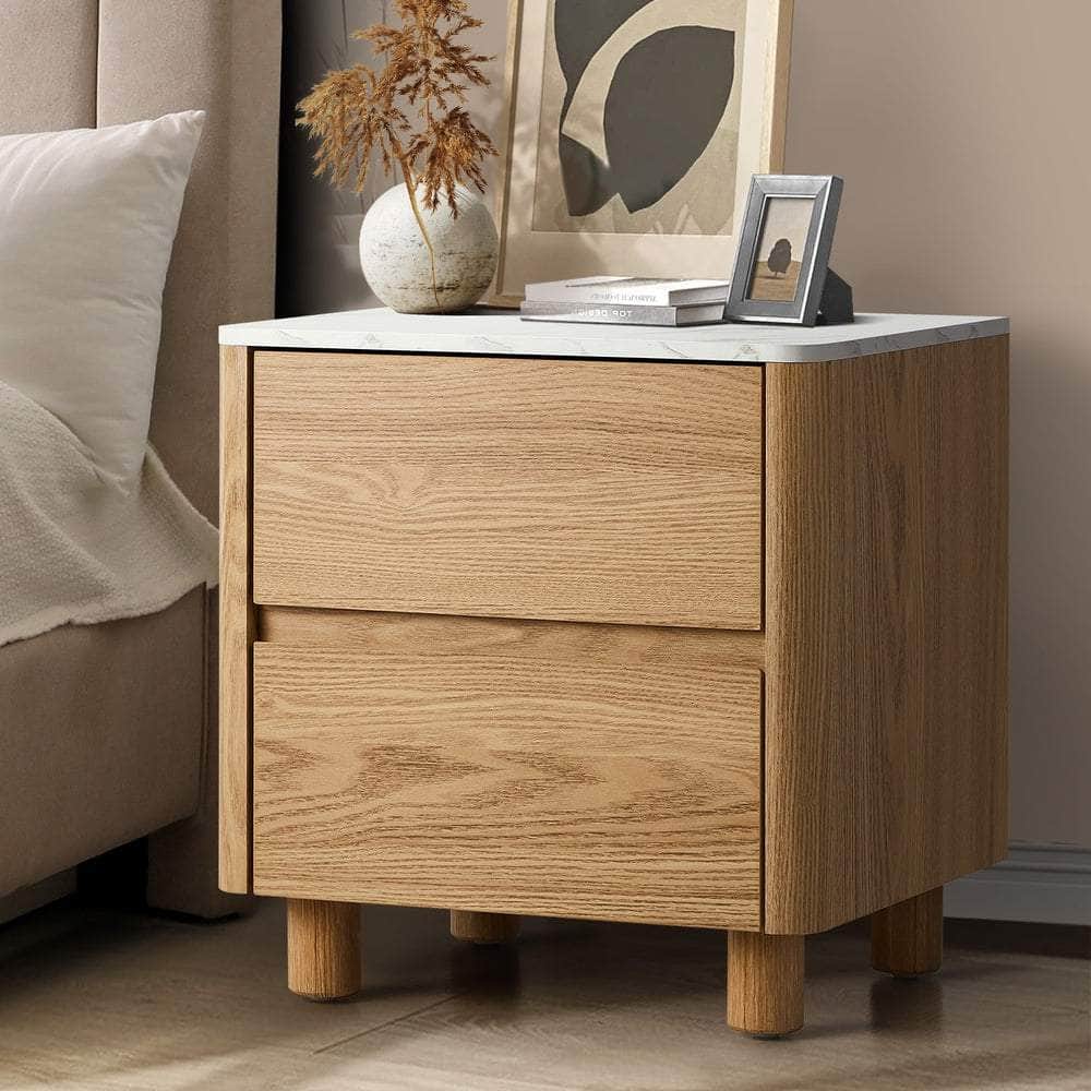 Bedside Table 2 Drawers Nightstand  Marble Top Natural