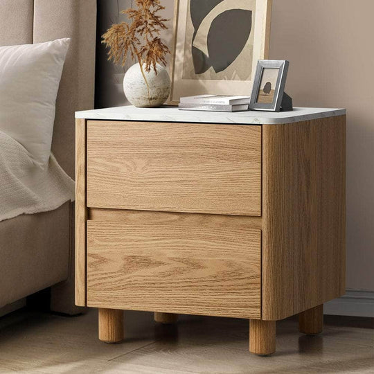 Bedside Table 2 Drawers Nightstand Marble Top Natural | Marble finish