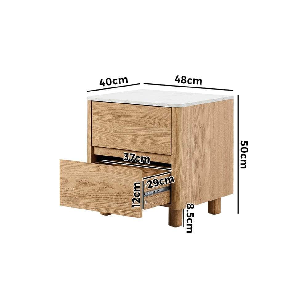 Bedside Table 2 Drawers Nightstand  Marble Top Natural