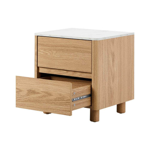 Bedside Table 2 Drawers Nightstand  Marble Top Natural