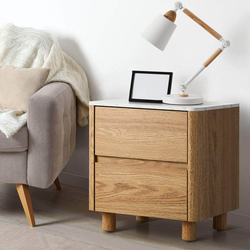 Bedside Table 2 Drawers Nightstand  Marble Top Natural