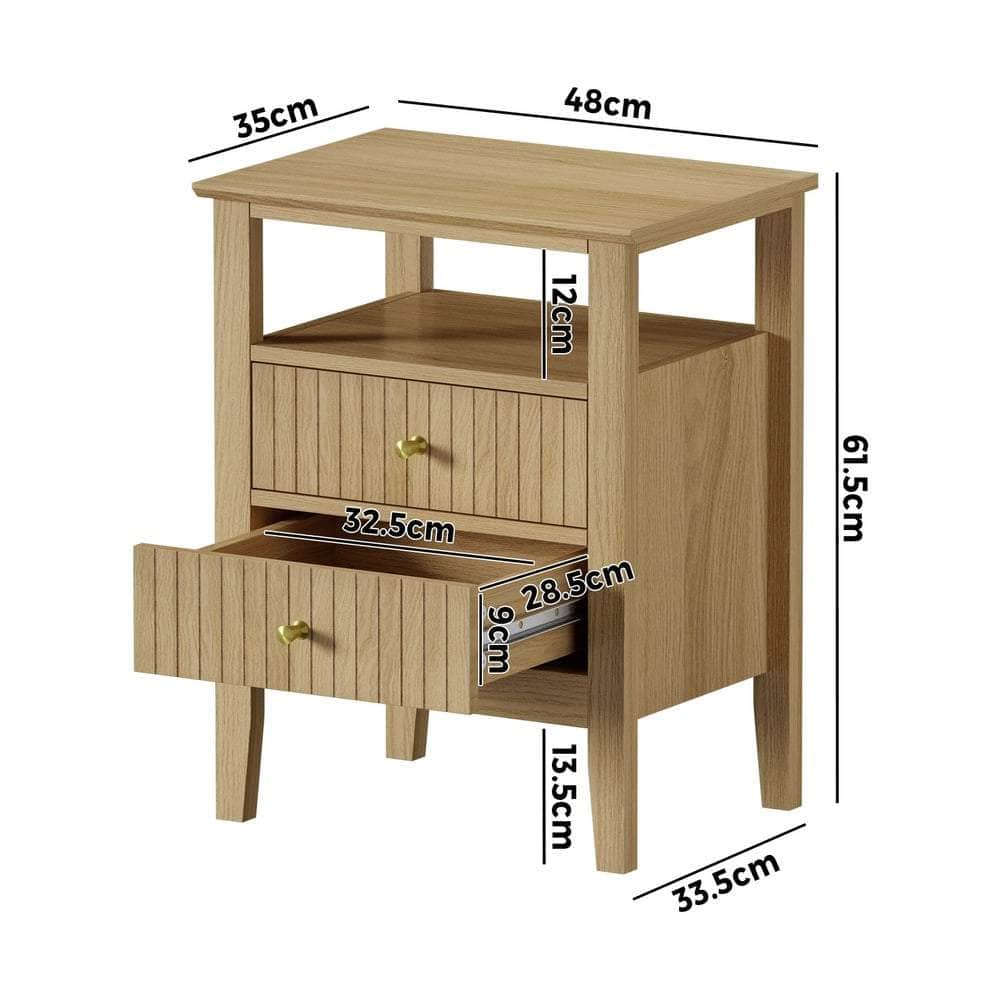 Bedside Table 2 Drawers Open Shelf Nightstand Natural